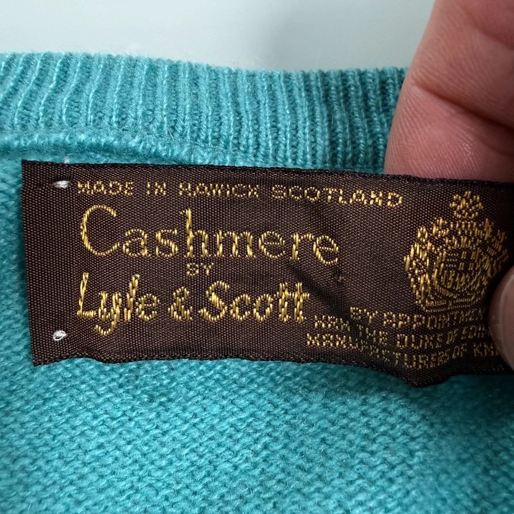 Lyle & Scott 100% Cashmere Teal Mens V-Neck Pullover Sweater -Sz 44 Large-XL